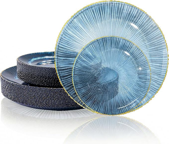 DaYammi 60Pcs Blue Plastic Plates with Gold Rimmed - Disposable Plates for Party Include:30 Dinner Plate 30 Dessert plate,Blue Plate with Radial Texture for Party & Wedding & Dinner