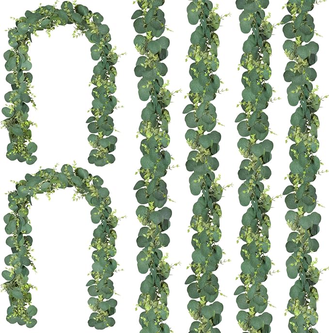 CQURE 6Pcs Eucalyptus Garland,Artificial Eucalyptus Leaves Table Greenery Garland Wreath Vines for Wedding Party Table Bedroom Wall Decor