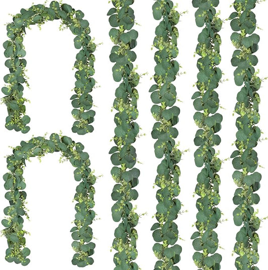 CQURE 6Pcs Eucalyptus Garland,Artificial Eucalyptus Leaves Table Greenery Garland Wreath Vines for Wedding Party Table Bedroom Wall Decor