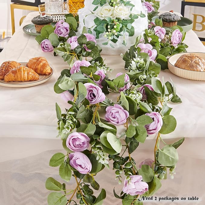 PONKING Flower Garland Artificial Rose Vine Flowers Hanging Fake Roses Vines for Wedding Birthday Party Valentines Christmas Room Wall Arch Decor, 2 Purple Floral Garland Decorations