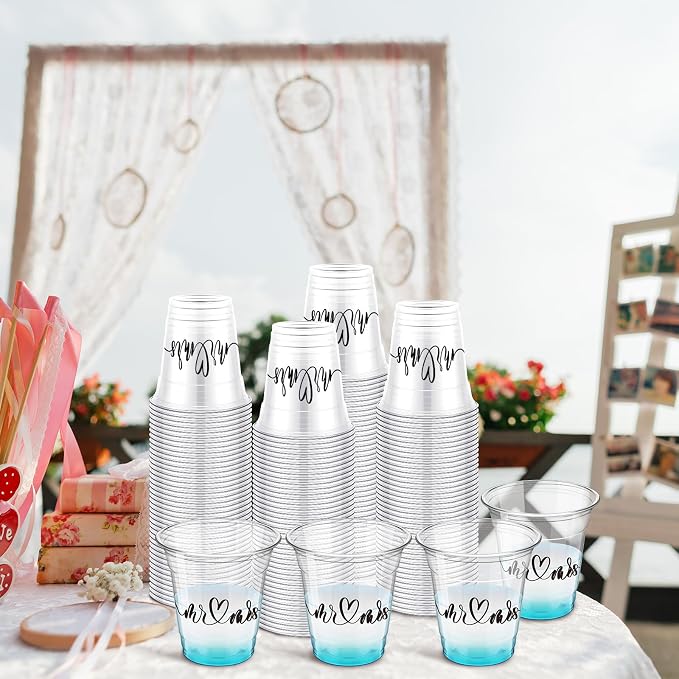 Dandat Disposable Wedding Plastic Cups Bulk 10oz Mr and Mrs Happily Ever After Disposable Clear Reception Drinking Cup for Wedding Reception Bridal Shower Engagement Party(100 Pack,Mr and Mrs)