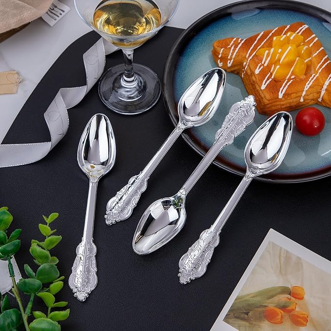 WDF 100 Piece Silver Plastic Spoons Disposable - 6.93 Inch Baroque Silver Silverware for Dessert Cake - Heavy Duty Plastic Spoons for Party Wedding Daily Using Baby Shower Spring