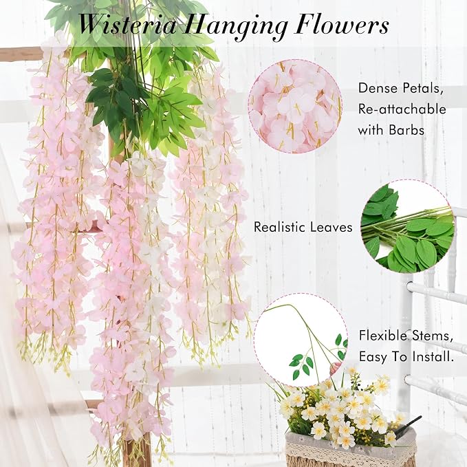40 Pack White Pink Wisteria Hanging Flowers, Fake Flowers for Decoration, Artificial Hanging Flowers,Vines for Bedroom,Flower Garland for Home,Party,Garden, Wall,Wedding Decoration(3.6 Ft/Pcs)