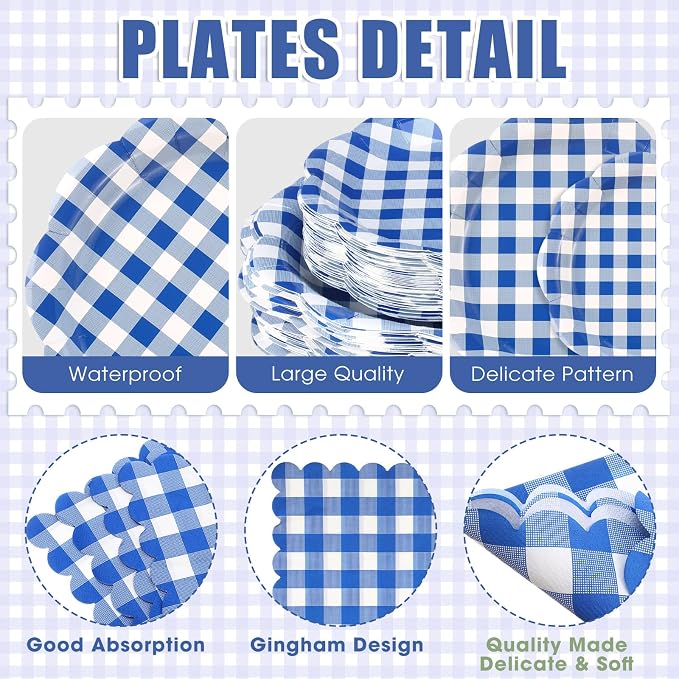 Funnymoom 400 Pcs Gingham Party Supplies for 50 Guests Dark Blue and White Paper Plates and Napkins Knives Spoon Fork Cup Disposable Checkered Dinner Party Set Cutlery for Baby Shower Wedding Favor