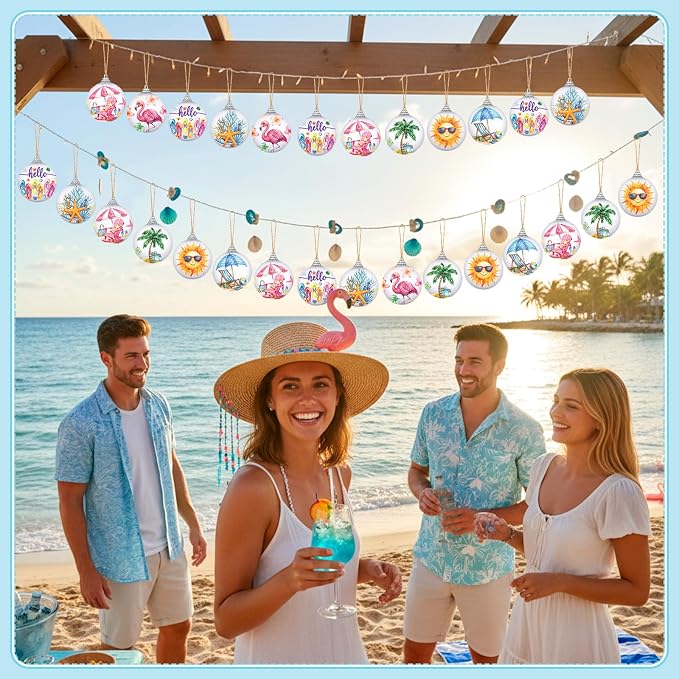 Outus 16 Pcs Summer Tree Ornaments Mini Summer Christmas Decorations for Tree Beach Flamingo Hanging Ornaments Tropical Party Decor for Farmhouse Home Fireplace Luau Holiday Decorative Supplies
