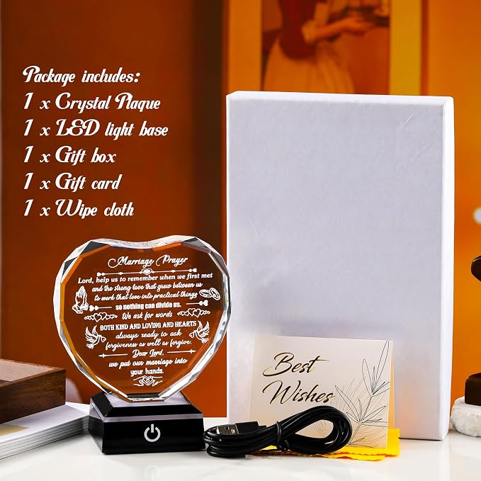 Arikyrist Crystal Wedding Gifts for Couples 2026 Heart-shaped Marriage Prayer Plaque with LED Base Anniversary Wedding Gifts for Newlyweds Valentine's Day Wedding Engagement Presents