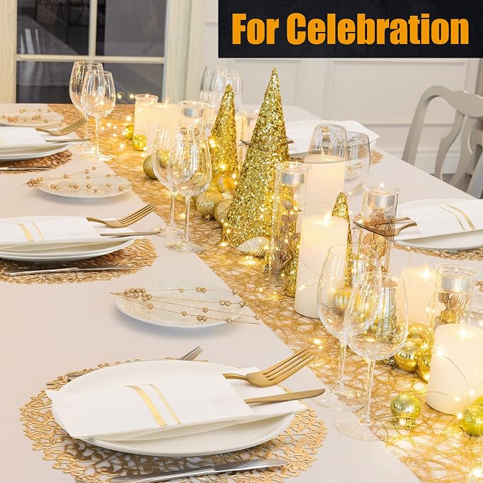 Roshtia 100 Pack Dinner Napkins Disposable Linen Feel Dinner Napkins with Built-in Flatware Pocket Gold Trim Lined Pre Folded Paper for Wedding Party (White,Gold)