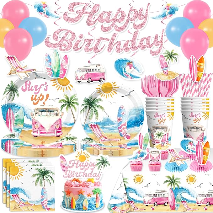 Xynic 205pcs Surf Birthday Party Decorations Complete Tableware Set, for 25 Guests, Beach Birthday Party Decorations, with Banner, Balloons, Cake Cupcake Toppers, Plates, Cups, Napkins, Tablecloth
