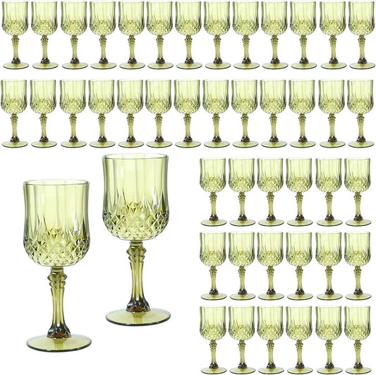 CHLJAR 7oz Plastic Vintage Drinking Glasses Wine Glasses Vintage Champagne Flutes Unbreakable Wedding Glassware Crystal Water Goblets Reusable Drinkware (Dark Green, 48 PCS)