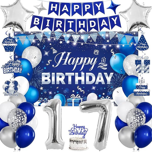 17th Birthday Decorations for Boys & Girls, Navy Blue and Silver Happy 17th Birthday Party Decorations with Number Balloons, Hanging Swirls, Cake Topper for 17 Years Old Party Supplies