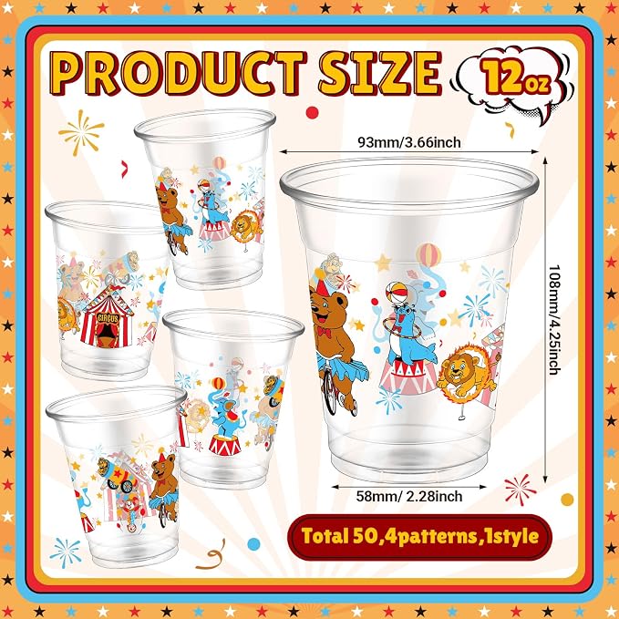 FoldTier 50 Pcs Circus Cups 12 oz Plastic Circus Birthday Cups Clear Circus Disposable Cups Circus Theme Drinking Cups for Home Party Circus Theme Birthday Baby Shower Supplies Decoration (Circus)