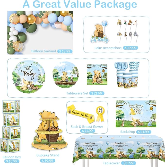 Classic Bear Baby Shower Decorations Boy, Blue Baby Shower Decorations Balloons and Baby Boxes, Backdrop, Dinnerware Set, Cake Toppers with Stand, Mom to Be Sash, Baby Shower Decor