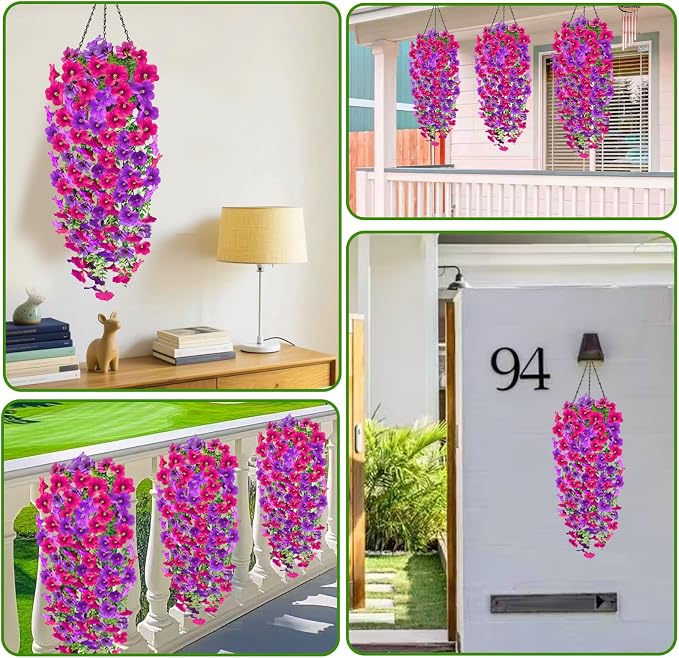 4PCS Artificial Hanging Flowers for Outdoors Summer Decoration, Upgrade UV Resistant Faux Silk Hanging Plants for Outside Home Planter Porch Patio Decor (Purple&Pink Rose)
