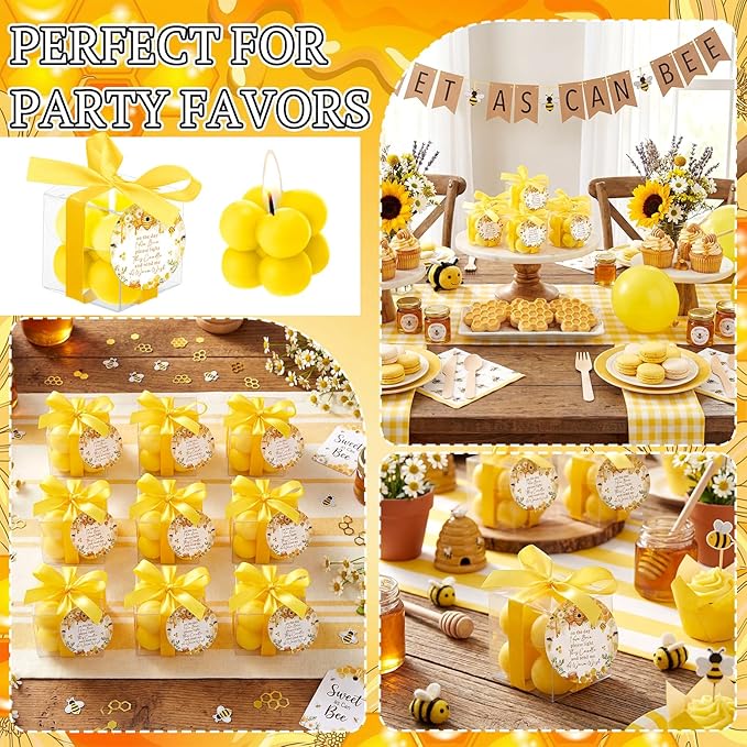 MTLEE 24 Sets Bee Baby Shower Favors Party Candle Small Bubble Candle Baby Shower Favors for Guests Tea Candles Bulk with Stylish Ribbons Cards Gifts (Yellow, Bee)