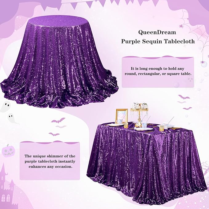 QueenDream Sequin Tablecloth 60"x102" Purple Tablecloth Glitter Party Table Cloth Overlay for Wedding Birthday Decorations