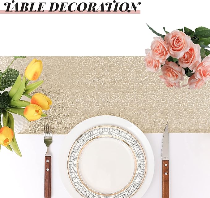 Sugargirl 10 Packs 12 x 72 inches Sequin Table Runner, Glitter Champagne Table Runner for Birthday Party Supplies Wedding Holiday Celebration Event Decorations