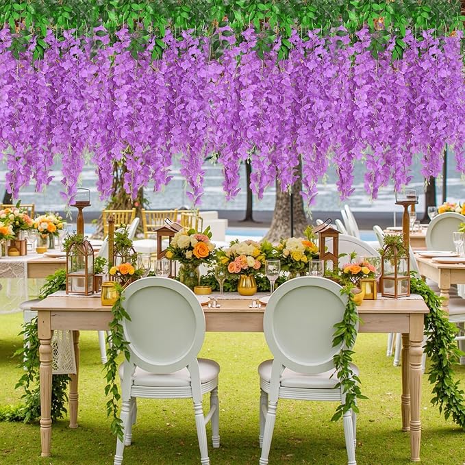 12Pcs Artificial Wisteria Hanging Flowers, 3.6Ft/Pcs Purple Fake Wisteria Garland for Wedding Party Home Garden Indoor Outdoor Decoration