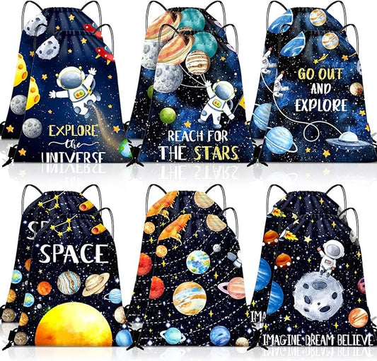Paterr 12 Pcs Outer Space Party Favors, Astronaut Drawstring Backpack for Kids, Reusable Birthday Astronaut Return Goodie Bags, Galaxy Space Gift Bag for Baby Shower Supplies Candy Treat