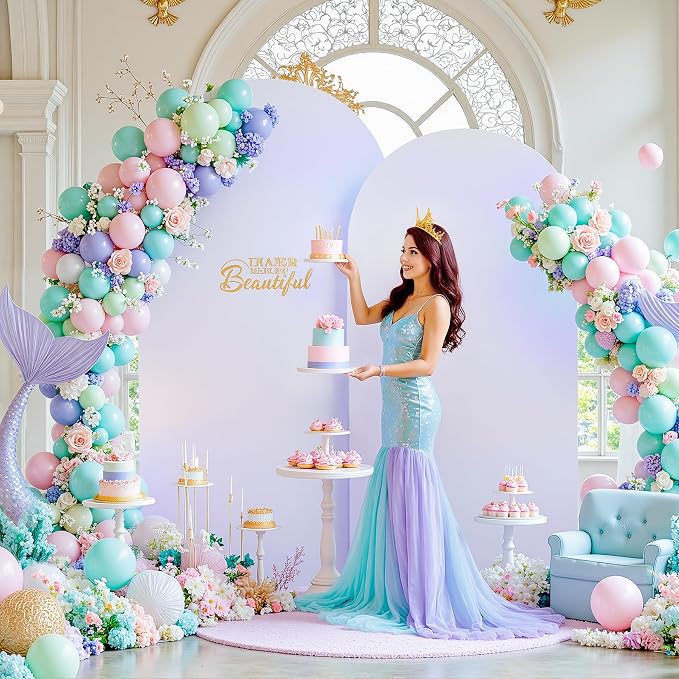 7.2FT 6FT Arch Backdrop Cover for Party, Set of 2 Stretchy Spandex Fitted Arch Stand Cover for Baby Shower, Birthday Wedding Decor, Chiara Backdrop Cover with Double-Sided Design(Silver, White)