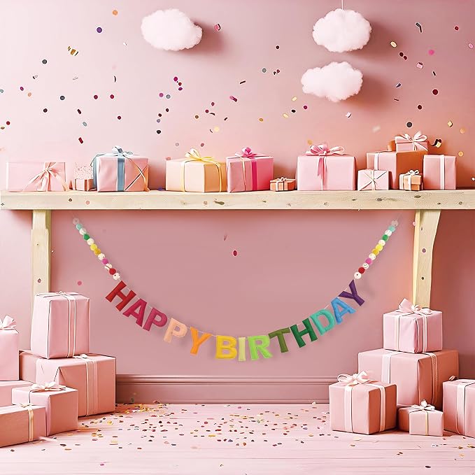 Pre-Strung 3D Felt Happy Birthday Banner - Reusable Rainbow Happy birthday Decorations Sign,Handmade Wool Felt Ball Garland, Pom Pom Garland, Personalized Holiday Sign, Party Decor, Photo Prop