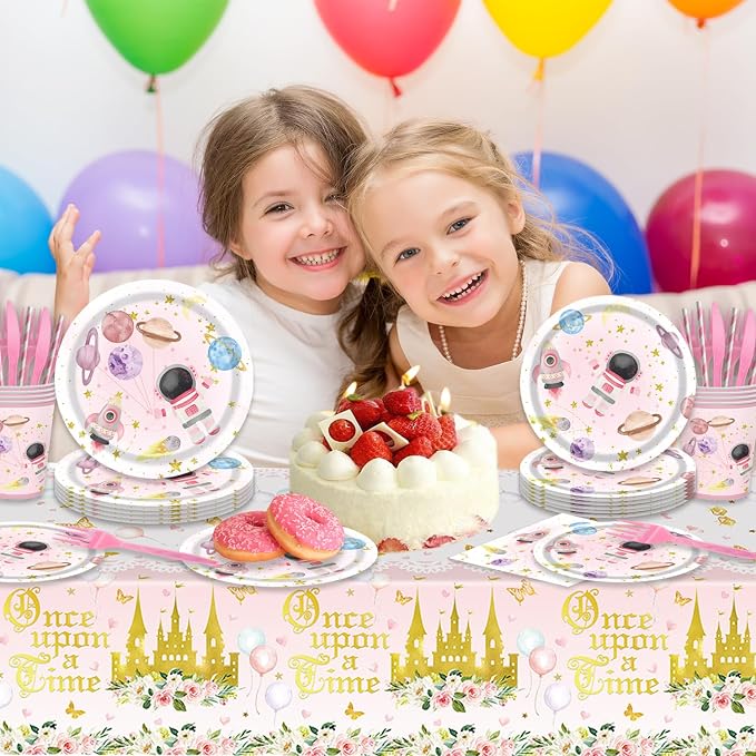 141Pcs Pink Outer Space Party Supplies for Girls Baby Shower Birthday Party Decorations Pink Moon Star Outer Space Planet Themed Birthday Plates Napkins Forks Cups Straws Tablecloch Serves 20 Guests