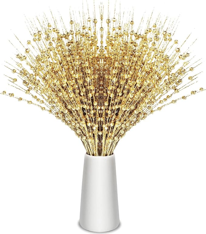 Geosar 30 Pcs Artificial Glitter Berry Stem Decorations 17 Inch Faux Stick Floral Pick Centerpiece Bouquet Flower Bead Twigs for Centerpiece Tree Wreath Ornaments Home(Gold)
