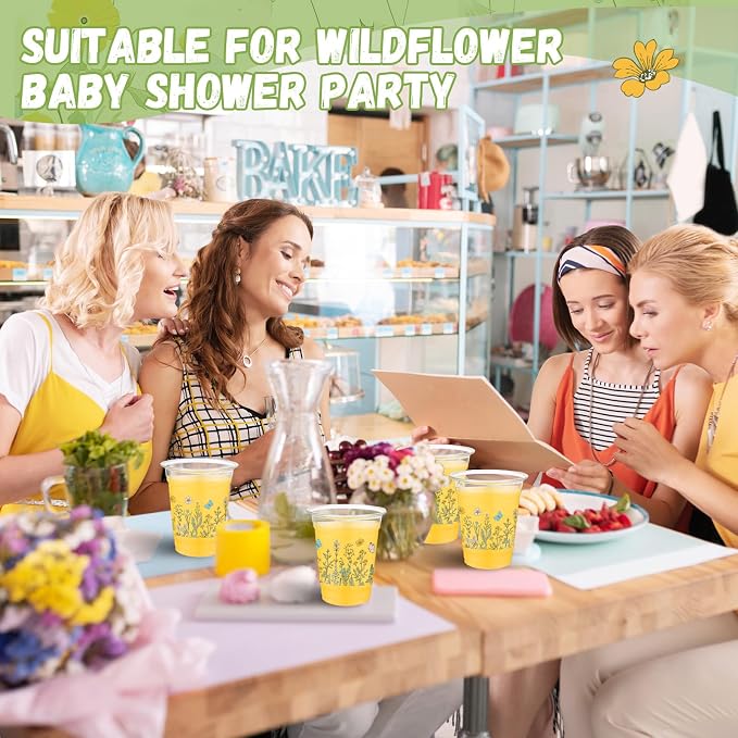 Funnymoom 60 Pack Wildflowers Plastic Cups 12 oz Floral Botanical Disposable Clear Plastic Drinking Cups for Summer Spring Birthday Wedding Bridal Baby Shower Party Decoration Supplies