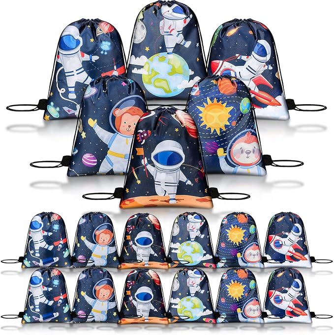 Eccliy 18 Pack Space Party Favors Bags Starry Sky Astronaut Drawstring Backpack Space Party Goodie Bags for Kids Birthday Baby Shower Supplies Candy Treat Candy
