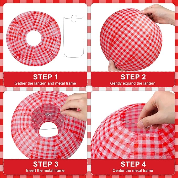 Honoson 12 Pcs Red Gingham Paper Lanterns Picnic Party Decoration 10 Inch Checkered Plaid Round Hanging Chinese Lanterns for Pizza Birthday Picnic BBQ Wedding Baby Showers Decoration