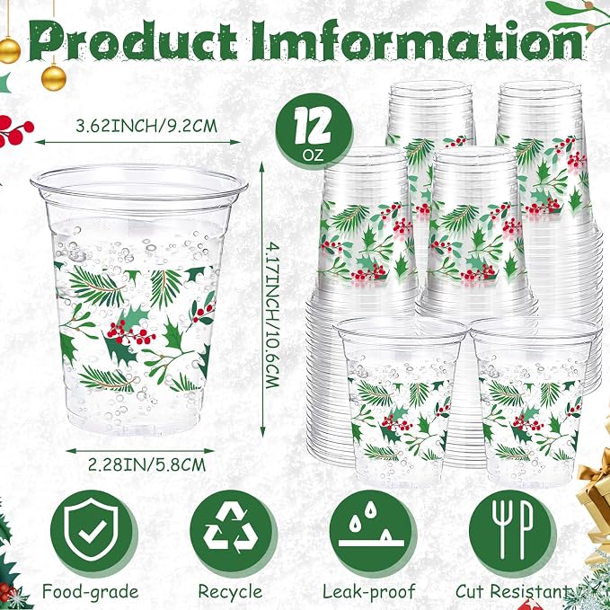 Funnymoom 60 Pack Christmas Plastic Cups 12 oz Seasonal Holly Leaf Disposable Clear Plastic Drinking Cups for Xmas Christmas Winter Holiday Party Decoration Supplies
