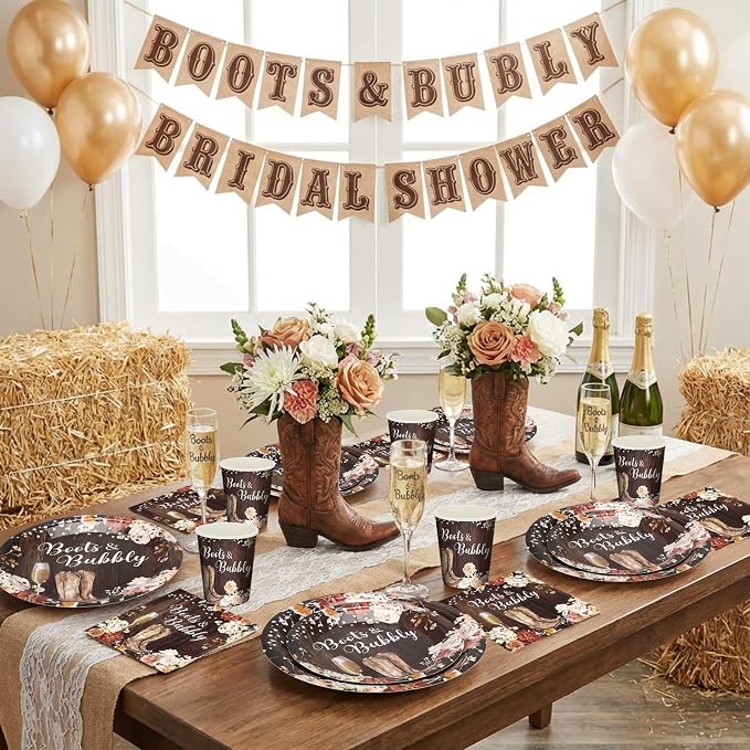 168 Pcs Boots and Bubbly Bridal Shower Decorations Rustic Brown Plates Western Country Bridal Shower Decorations Golden Champagne Party Favors Boots and Bubbly Tableware Set Serve 24