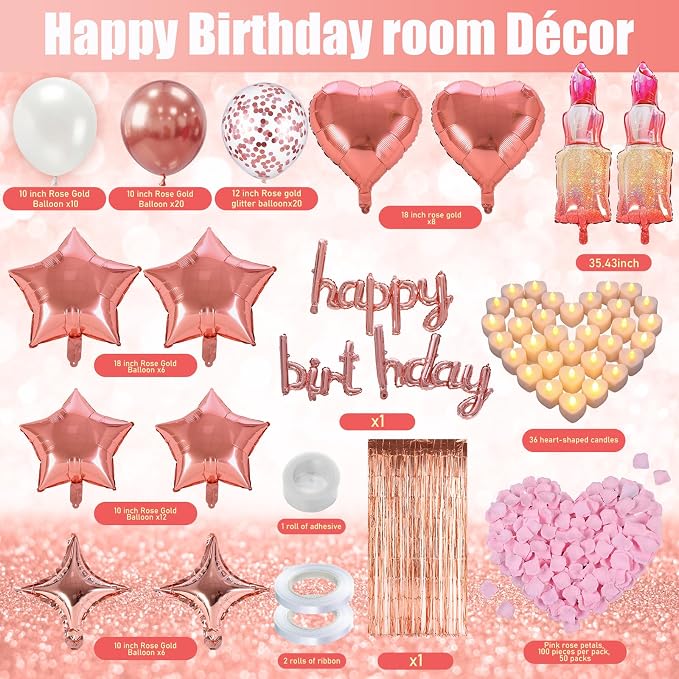 Realspring 170 Pcs Rose Gold Birthday Decorations for Women Birthday Room Decorations for Party Bedroom with Lipstick Heart Star Balloons Rose Gold Foil Fringe Curtains Pink Confetti Tea Light
