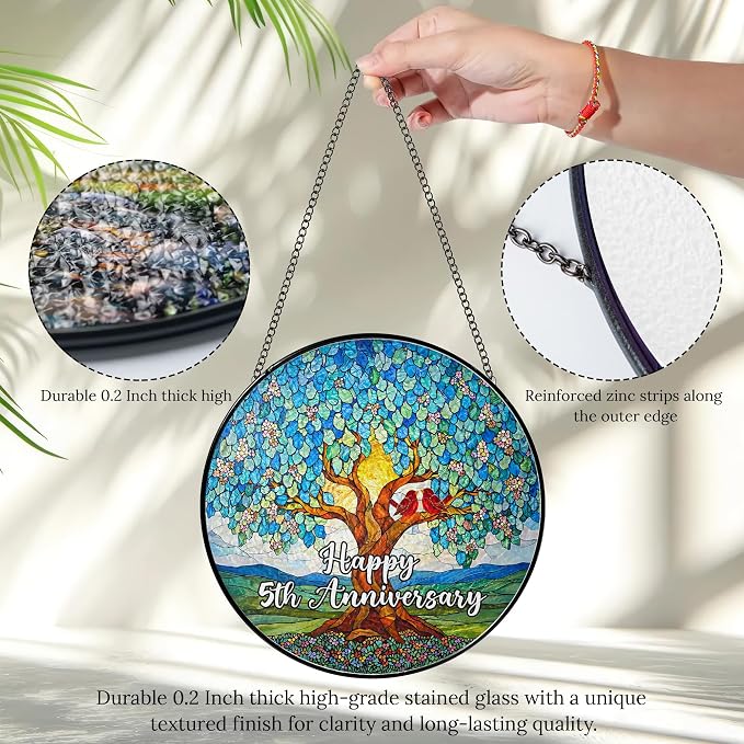 5th Wedding Anniversary Stained Glass Suncatcher, 6x6' Anniversary Decorations, 5th Celebration Marriage Gifts for Parents, Couple, Wife & Husband, 5 Wedding Milestone Keepsake