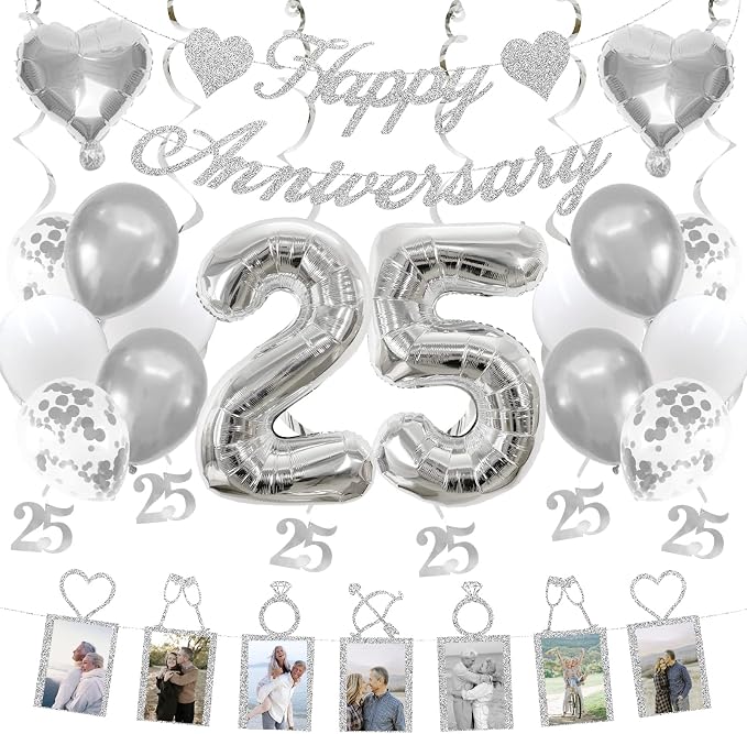25th Anniversary Decorations Party Supplies Set of Happy Anniversary Photo Banner and Balloons,Hanging Swirls for 25 year Wedding decor(silver)