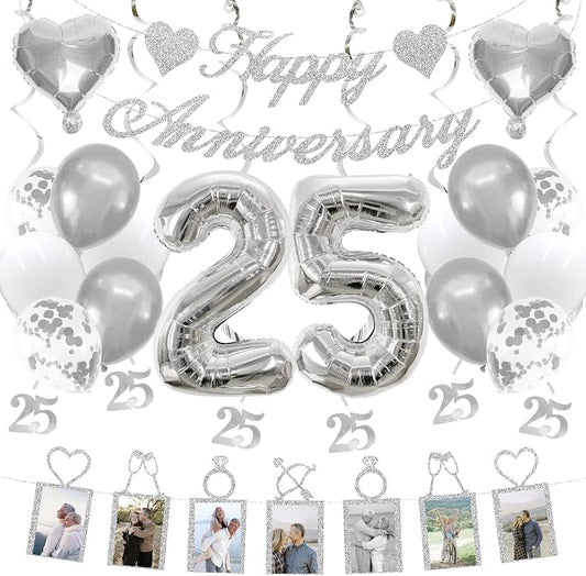 25th Anniversary Decorations Party Supplies Set of Happy Anniversary Photo Banner and Balloons,Hanging Swirls for 25 year Wedding decor(silver)
