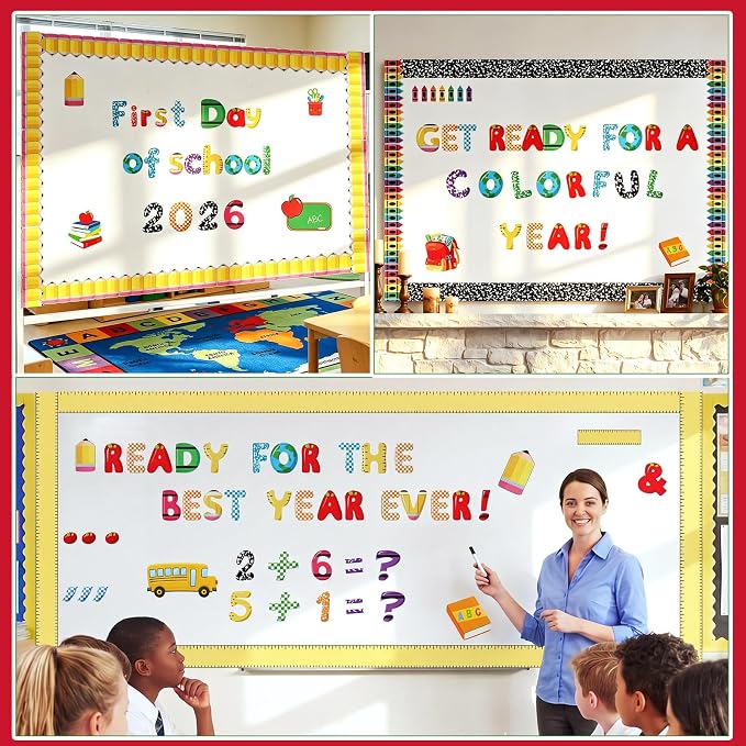 Kosiz Back to School Bulletin Board Decoration Set 118 ft Scalloped Bulletin Board Borders Classroom Poster Border Trim with 257 Pcs Letter Number Symbol Cutout for School Decor