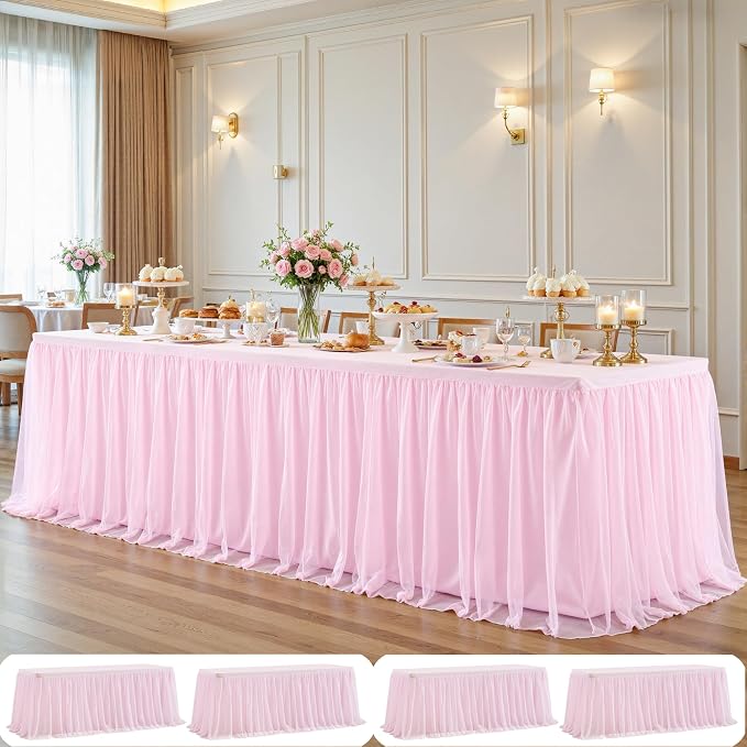 4 Pack Pink Tablecloths for 8 Foot Rectangle Tables with Tulle Table Skirt Wedding Table Cover Stretchy Fitted Ruffle Tutu Tablecloth for Baby Shower Reception Birthday Parties Celebration Banquet