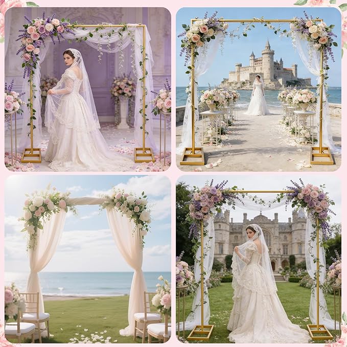 8 FT x 8 FT Square Backdrop Stand Square Arch Wedding Arches Adjustable Pipe for Ceremony Wedding Party Birthday Baby Shower Anniversary Arbor Balloon Decoration（Gold）
