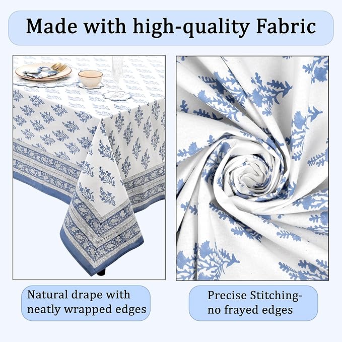 Ridhi Block Print Coastal Blue Rectangle Cotton Tablecloth 108" x 60" Reusable Table Cover Decorative Everyday Use for Dining, Farmhouse, Home Gift for Spring, Easter, Valentine