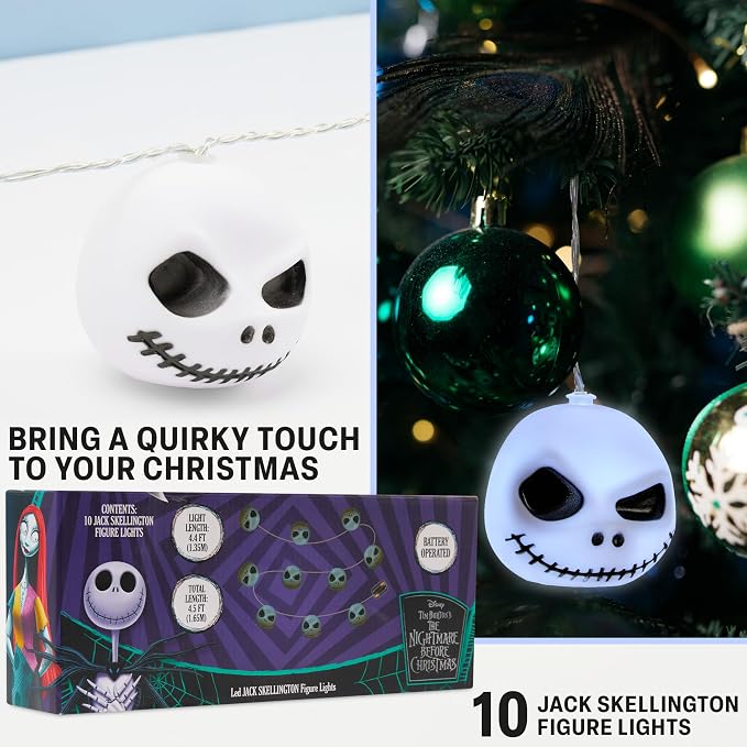 Disney The Nightmare Before Christmas LED String Lights for Kids, Teens, Adults, 10 Jack Skellington 65” Fairy Lights, Gifts for Kids (White Nightmare Before Christmas)