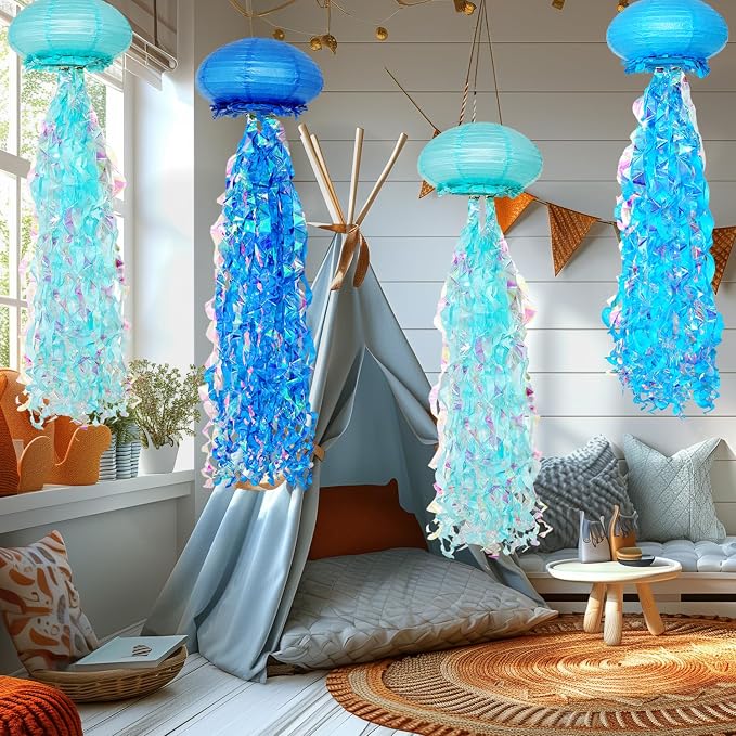 OBXT 10" Blue Jellyfish Paper Lanterns - Under the Sea Birthday & Mermaid Party Decorations, Ocean and Beach Theme Indoor Outdoor Hanging Decor, Baby Shower, Nautical Events (Set of 6)