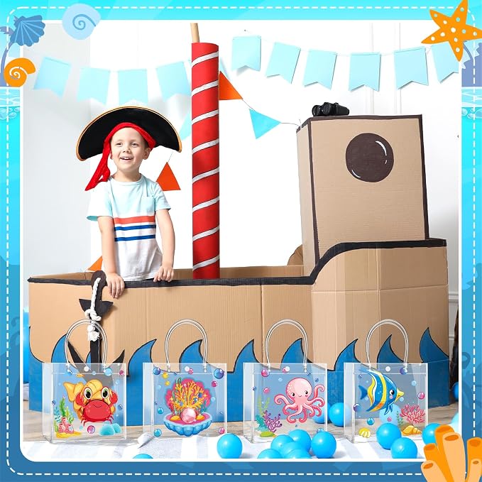 Teenyyou 24 Pcs Sea Animal Party Favor Bags PVC Clear Ocean Gift Bags with Handle for Birthday Party Supplies