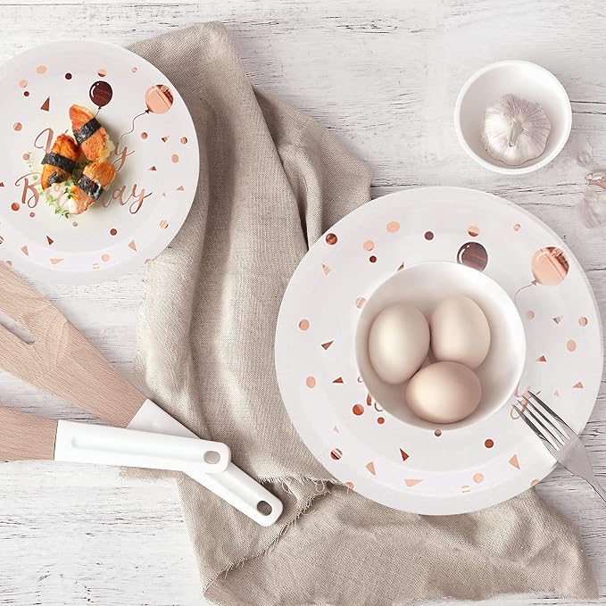 White & Rose Gold Party Supplies - Rose Gold Dots Happy Birthday Paper Plates and Napkins, Cups and Straws, Birthday Party Decorations for Girls and Women, Serves 24