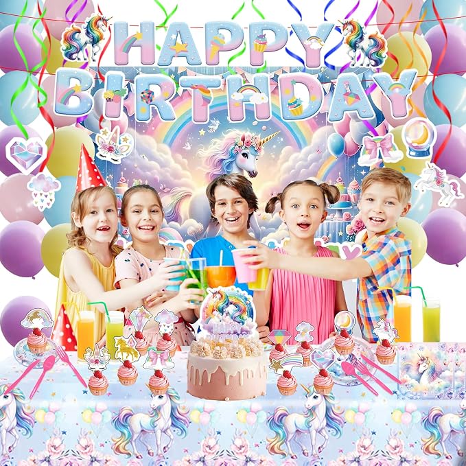 220Pcs Unicorn Party Birthday Supplies - Unicorn Party Decorations Included Backdrop, Banner, Tablecloth, Hanging Swirls, Cupcake Toppers, Tableware, Paper Towel, Latex Balloons