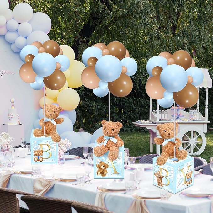 Lenwen 3 Sets Jungle Animal Decoration for Baby Shower Letter Boxes Baby Shower Table Centerpiece Stuffed Animals Balloon with Stand Plush Boxes for Party(Blue,Bear)