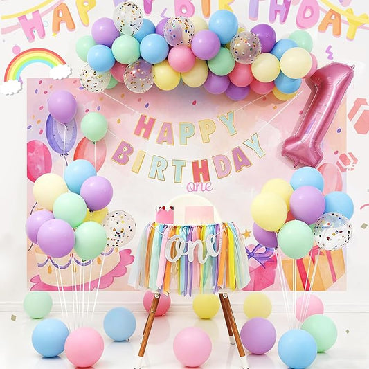 First 1st Birthday Decorations for Girl Rainbow One High Chair Banner - Princess Sweet One Birthday Party Decorations with 60PCS Macaron Pastel Balloons, Banner, Number 1 Balloon, One Cake Topper, Hat