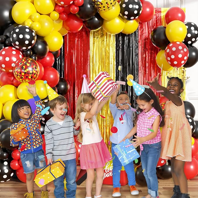 Red Yellow Black Balloon Garland Arch Kit Birthday Party Decorations, Cartoon Themed Foil Fringe Curtains Backdrop Tinsel Streamer Photo Booth Props for Christmas New Years Party Decor Supplies