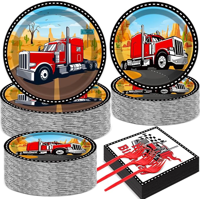 gisgfim 50 Guests Semi Truck Party Decorations Semi Truck Plates and Napkins Party Decoration For Birthday Party Plates Tableware Set Tractor Trailer Theme Party Paper Plates Napkins Forks 200 PCS