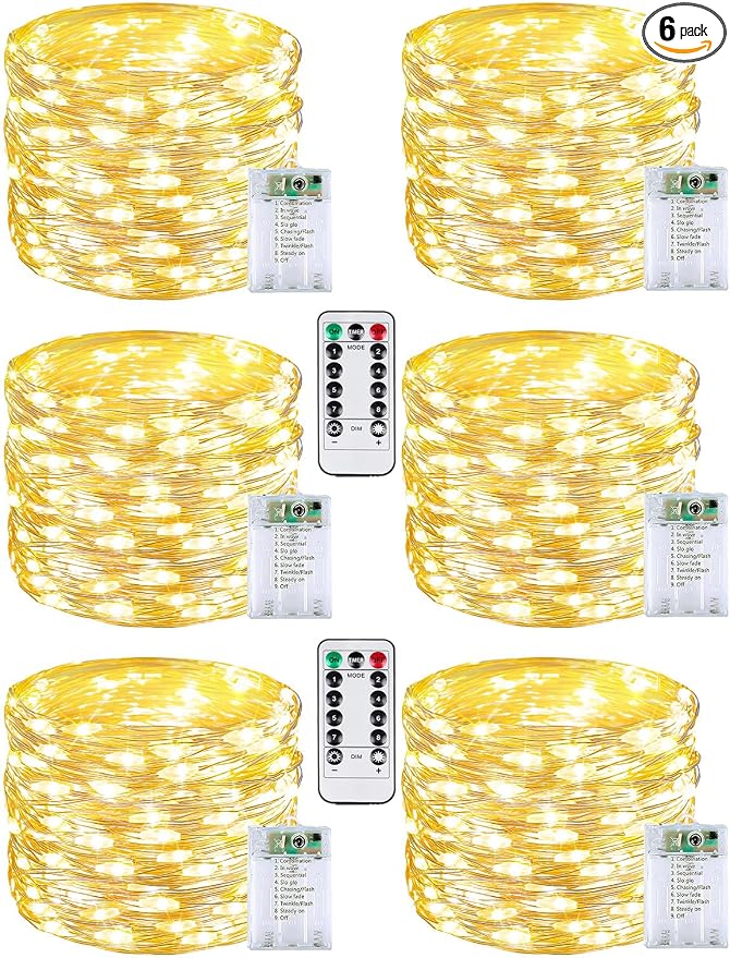 6 Pack 60 LED Fairy Lights Battery Operated with Remote, 8 Modes String Lights Indoor Outdoor, Cuttable Battery Light for Home Bedroom Wedding DIY Centerpiece Christmas Decorations (Warm White)