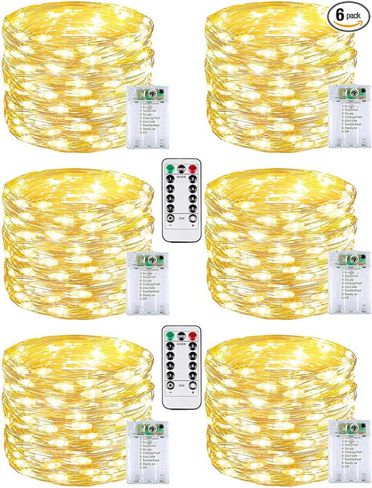 6 Pack 60 LED Fairy Lights Battery Operated with Remote, 8 Modes String Lights Indoor Outdoor, Cuttable Battery Light for Home Bedroom Wedding DIY Centerpiece Christmas Decorations (Warm White)